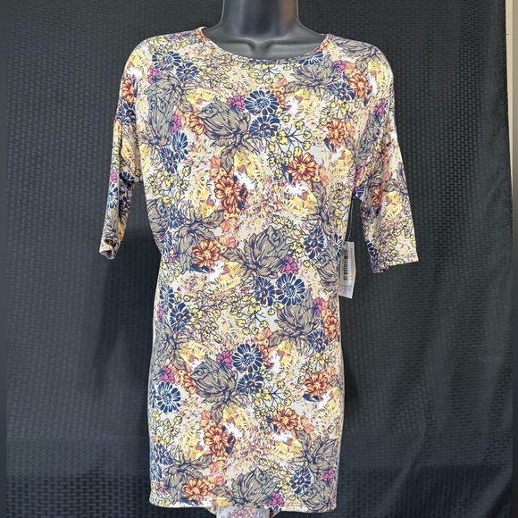 Lularoe Irma Tunic Taupe w/Navy Yellow Flowers NWT sz:XXS Normcore Grannycore - Picture 1 of 4